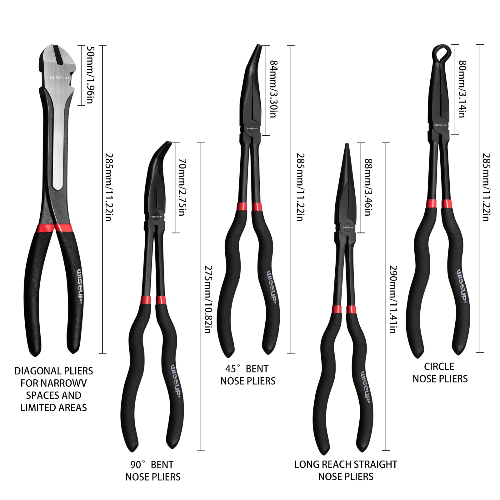 WISEUP 90-degree bent nose plier enables precise turns in cramped spots.