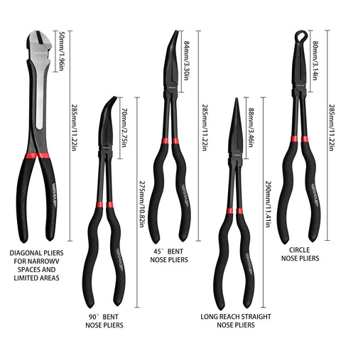 WISEUP 90-degree bent nose plier enables precise turns in cramped spots.
