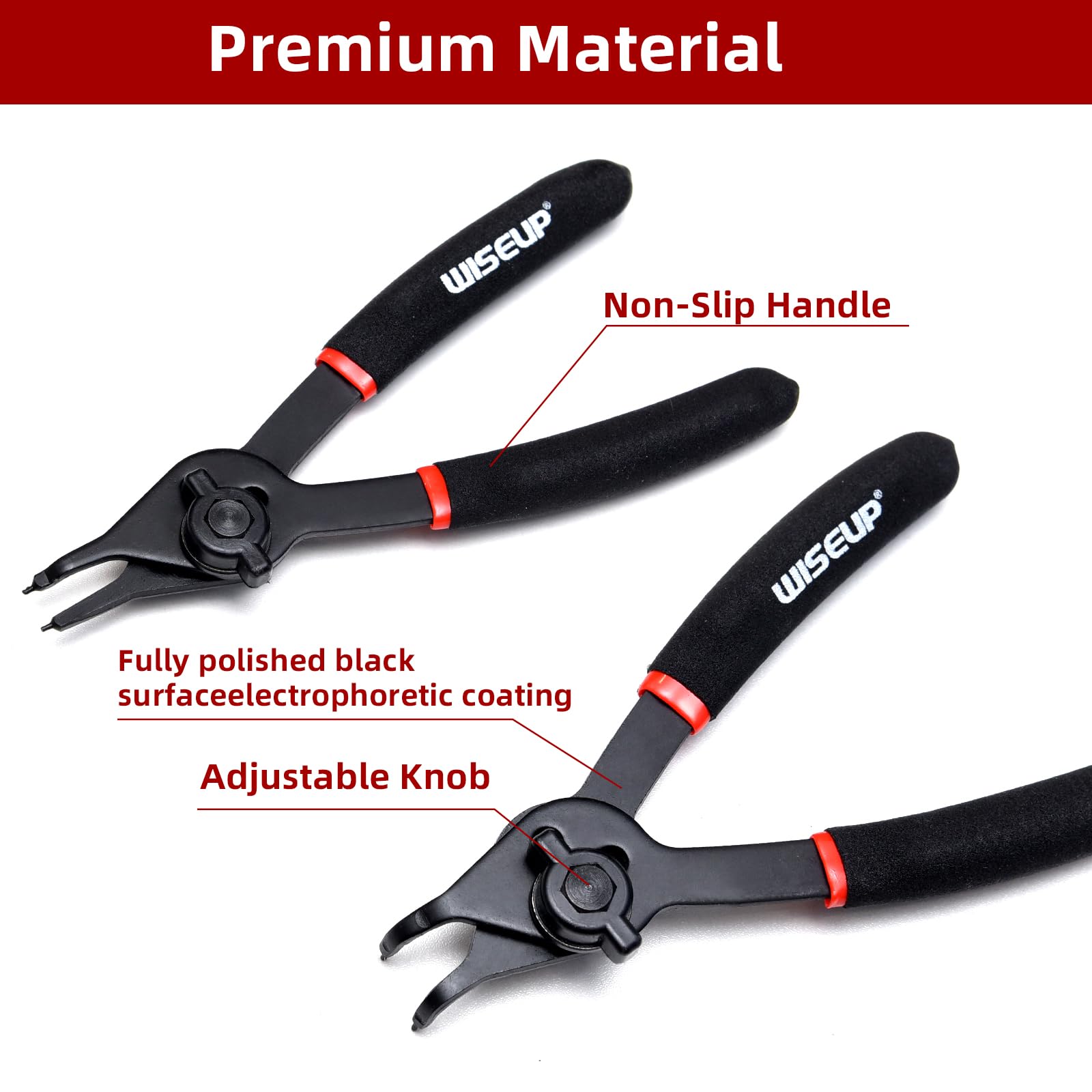 WISEUP bent-tip snap ring pliers reaching awkward angles effectively.