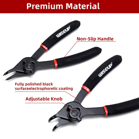 WISEUP bent-tip snap ring pliers reaching awkward angles effectively.