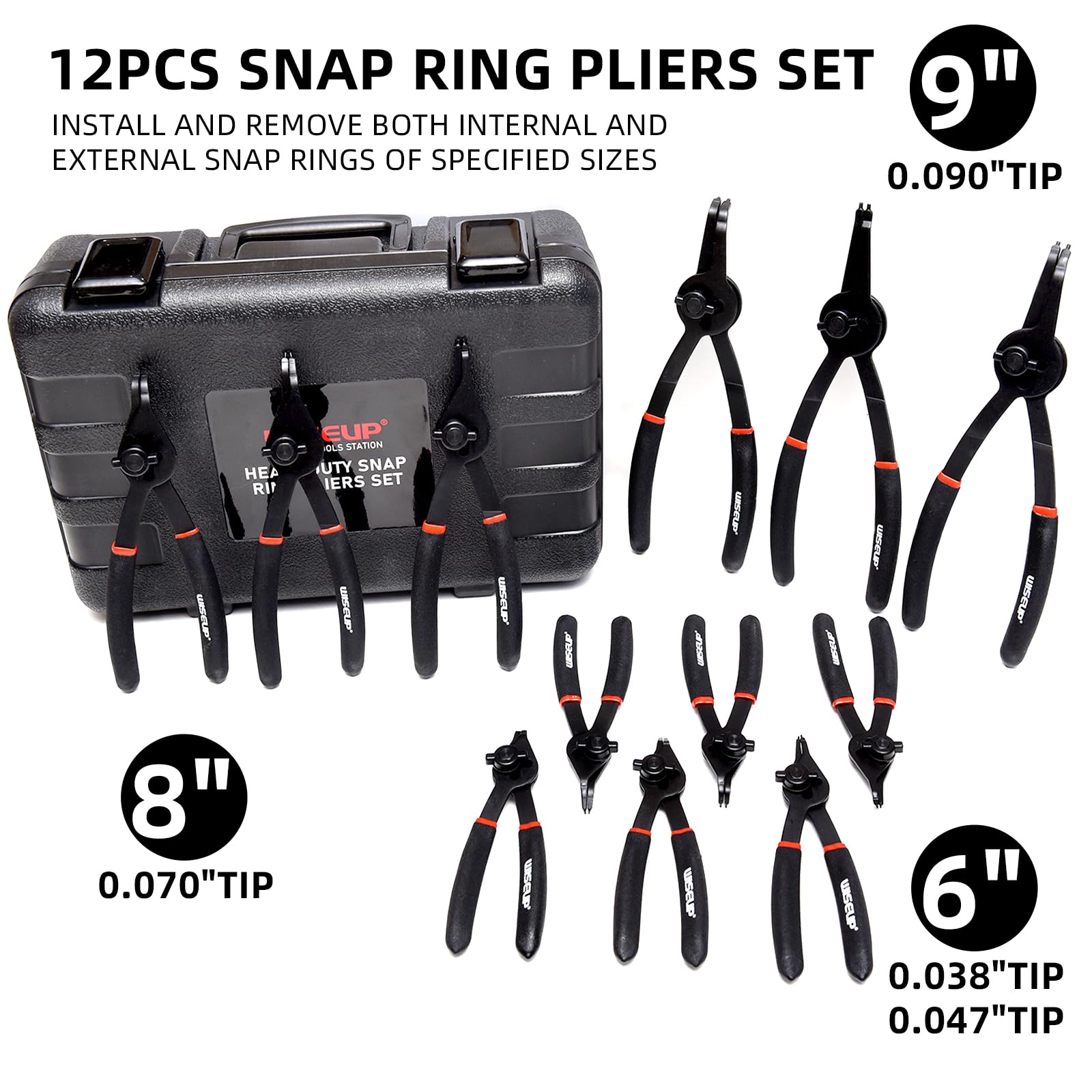 WISEUP external snap ring pliers with 45-degree tip for tight spaces.