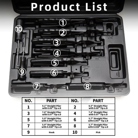 WISEUP pick and hook tools aid snap ring removal.