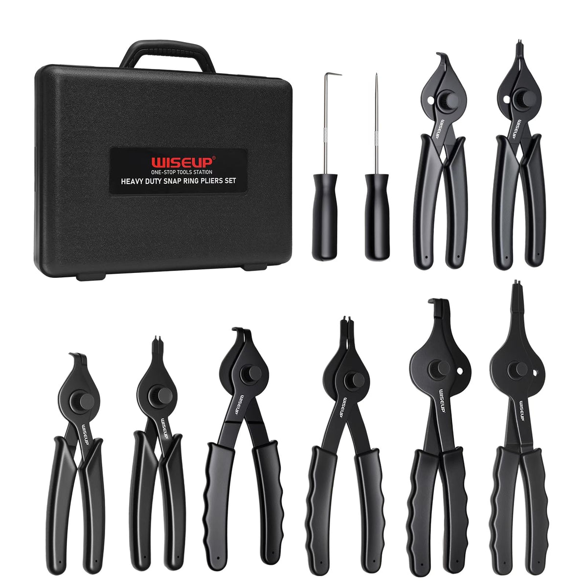 WISEUP snap ring pliers set case offers organized, comprehensive toolkit for maintenance tasks.