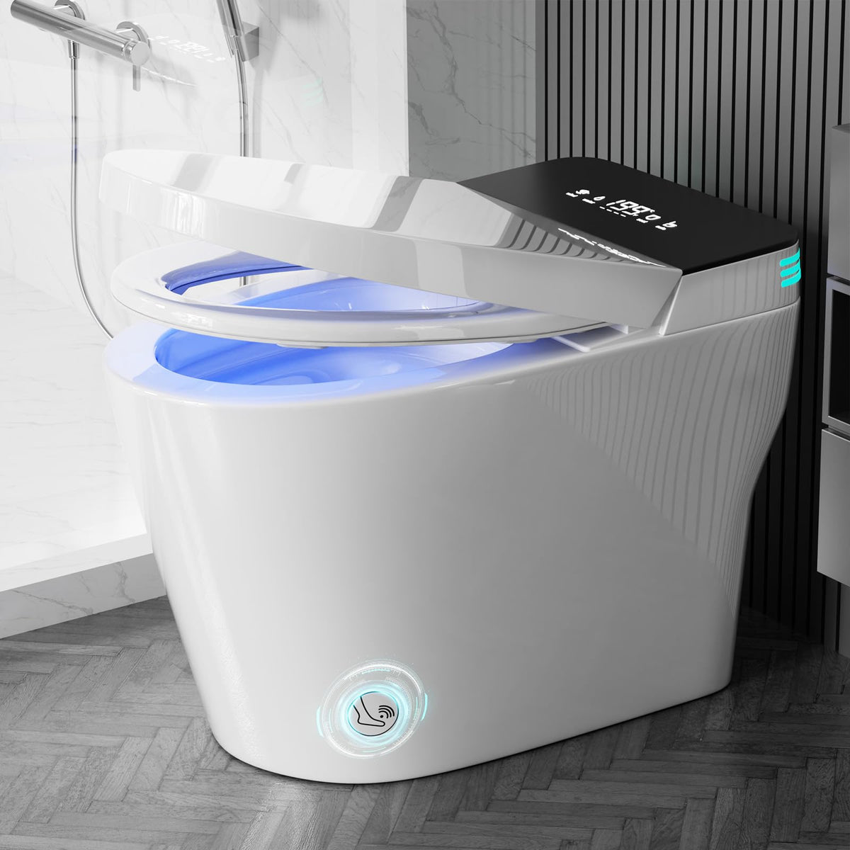 WITMYA smart toilet with lid sensor enabling hands-free entry.