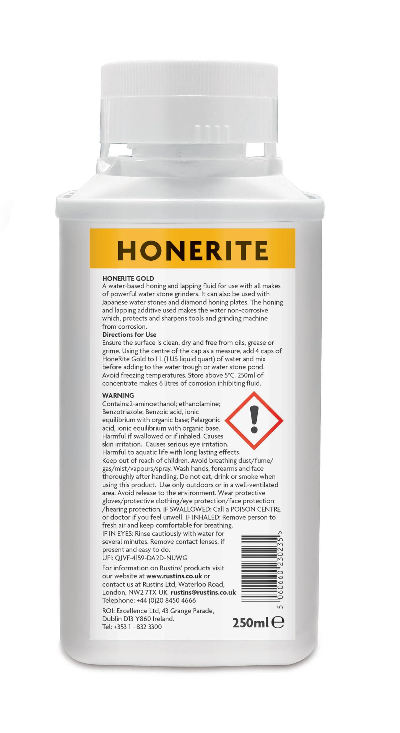 Close-up of HoneRite Gold label on the bottle highlighting rust prevention and eco-friendly formula.
