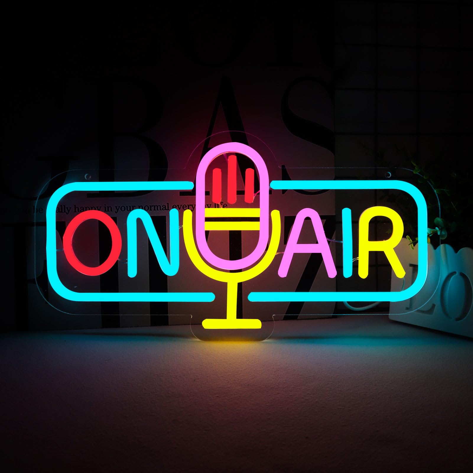 WittyRhE On Air neon sign front view glowing to energize a home studio