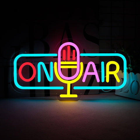 WittyRhE On Air neon sign front view glowing to energize a home studio