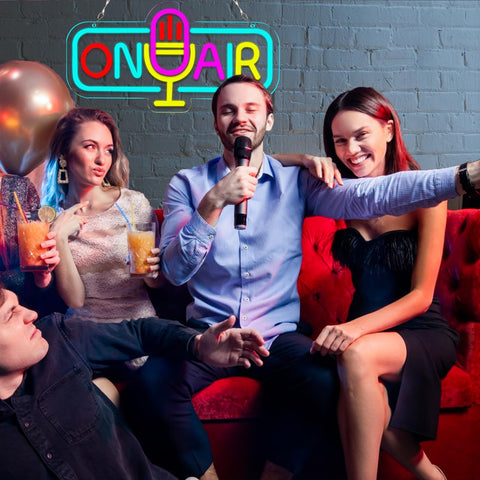 WittyRhE On Air neon sign microphone icon detail highlighting retro charm for podcasts