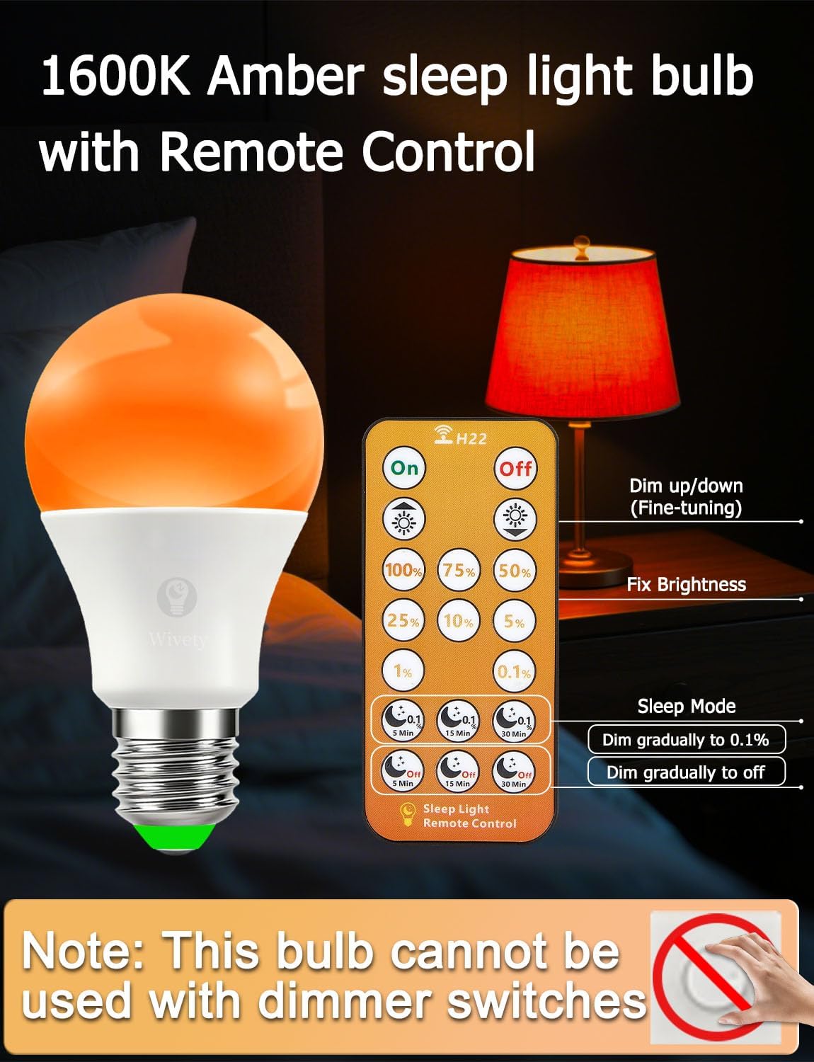 Wivety Amber Sleep Light at 1600K creates a warm ambience with low blue light.