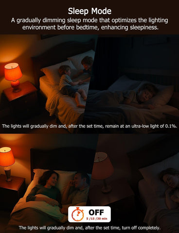 Wivety Sleep mode pre-sets gradually dim the room for winding down.