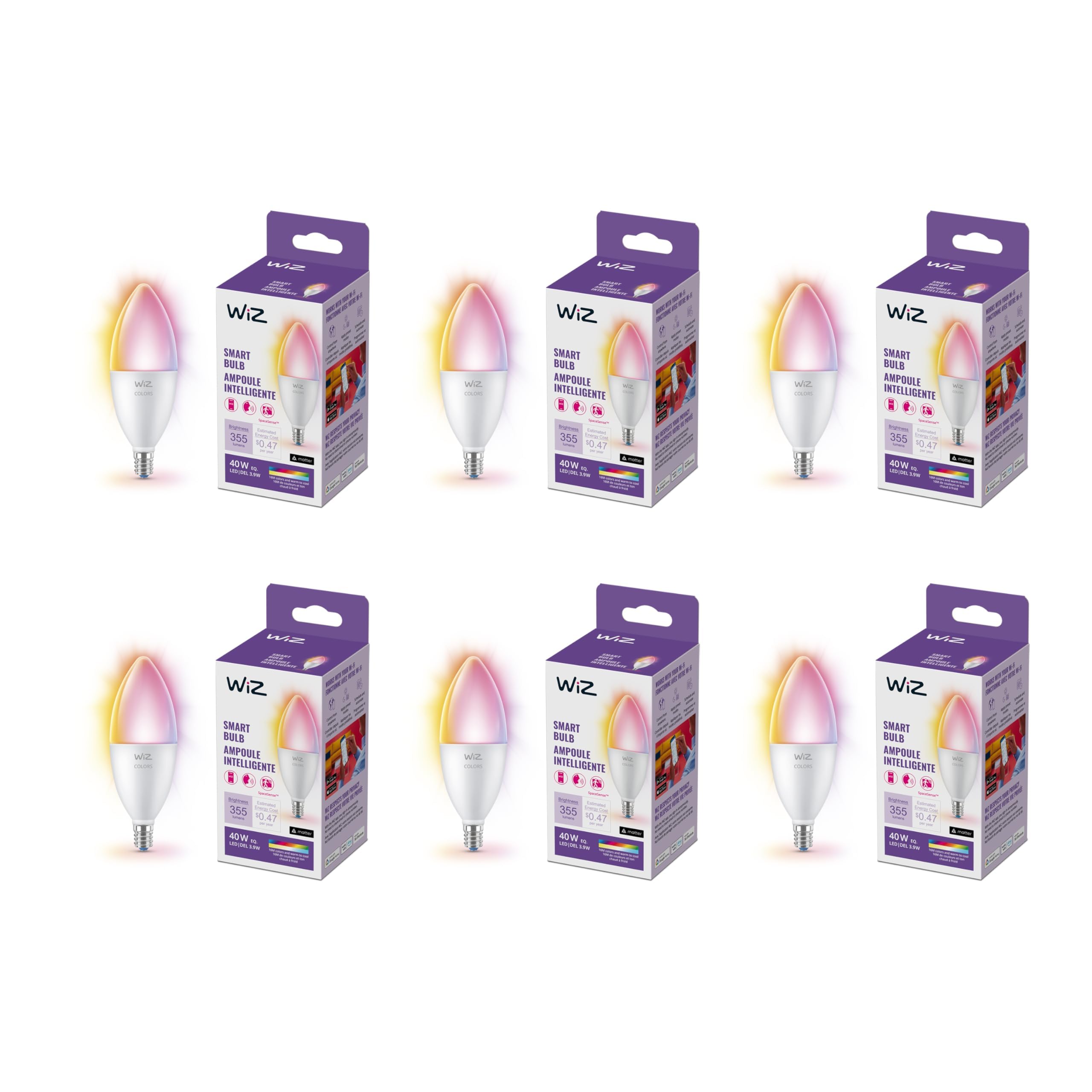 WiZ 40W candle bulb 6-pack in decorative fixture for convenient smart lighting.