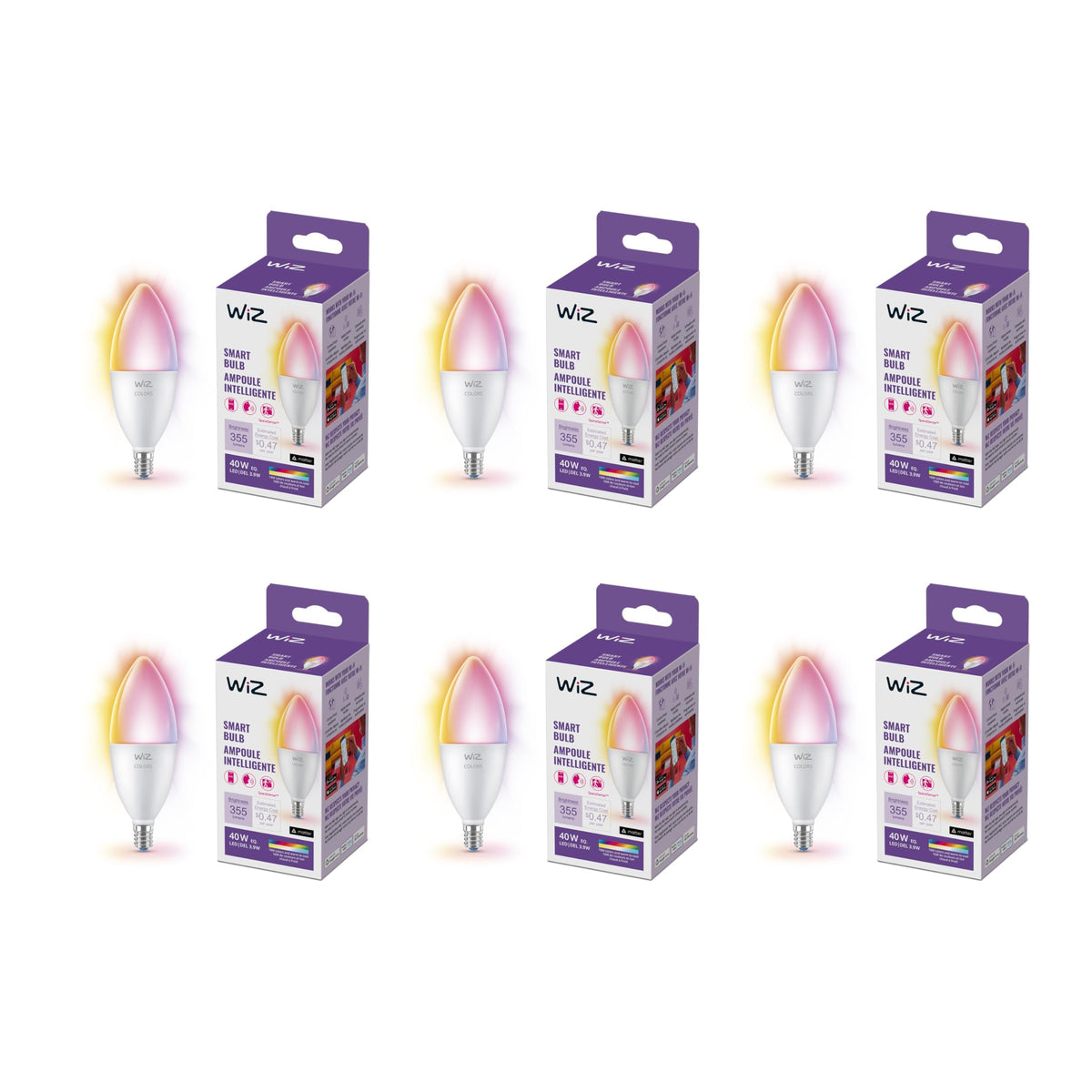 WiZ 40W candle bulb 6-pack in decorative fixture for convenient smart lighting.