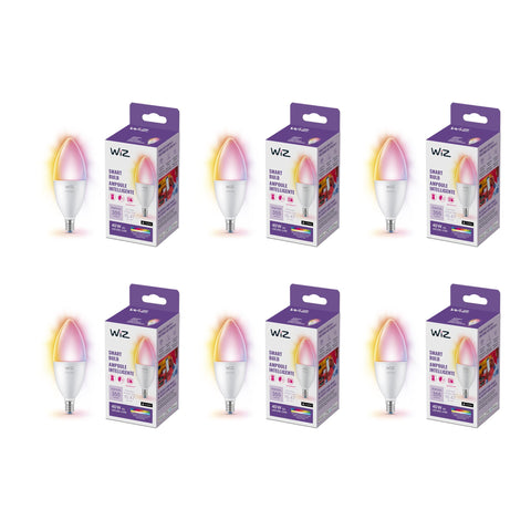 WiZ 40W candle bulb 6-pack in decorative fixture for convenient smart lighting.