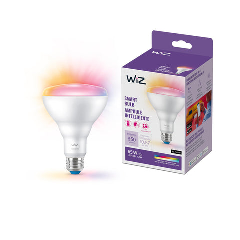 WiZ 65W BR30 color LED bulb lit showing vibrant mood lighting