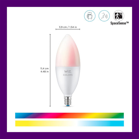 WiZ candle bulb color-changing feature showcases vibrant mood lighting.