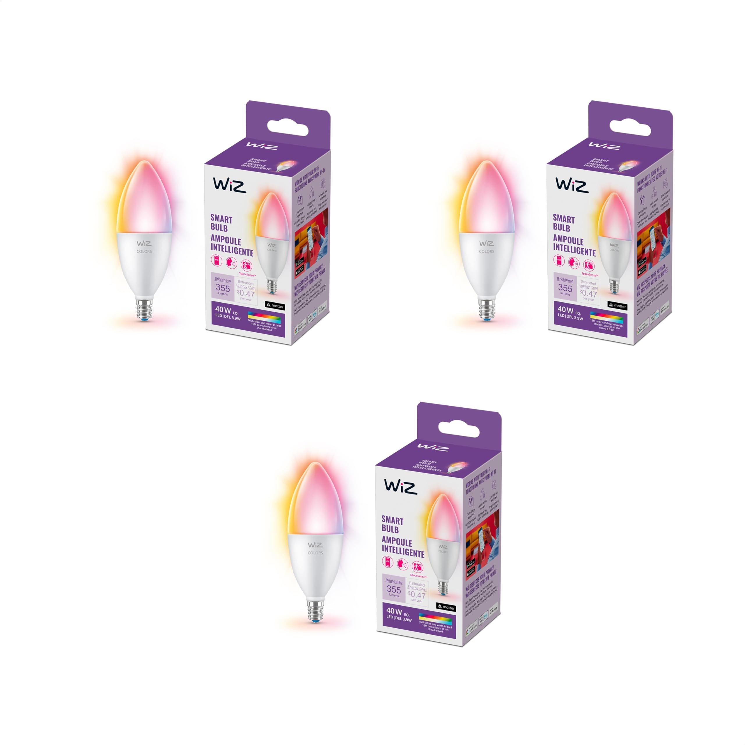 WiZ Connected 40W B12 bulbs three-pack front view for easy room lighting control