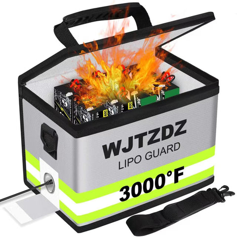 WJTZDZ Lipo Battery Fireproof Bag front view with reflective strip for nighttime safety.