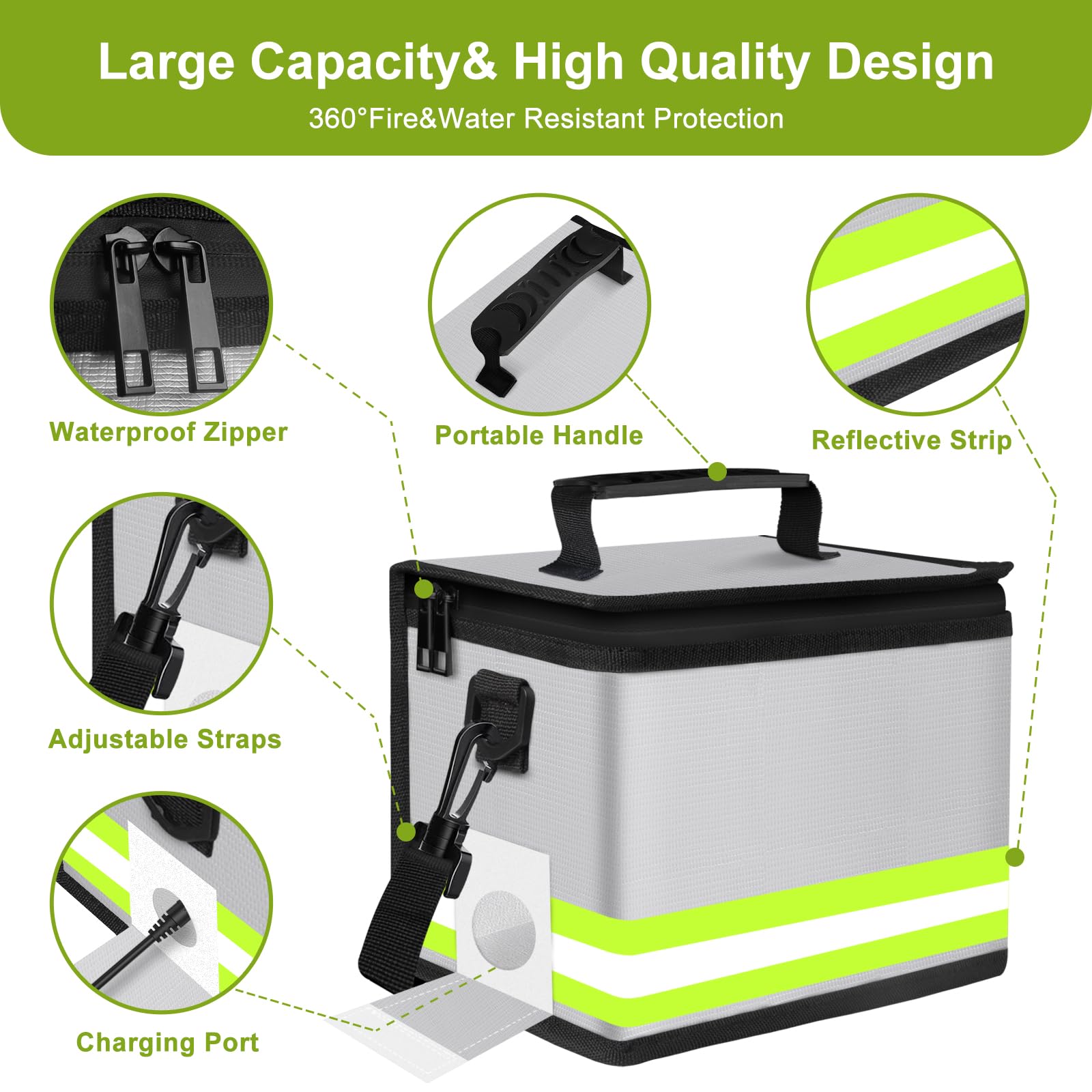 WJTZDZ Lipo Battery Fireproof Bag shoulder strap and handle for easy transport.