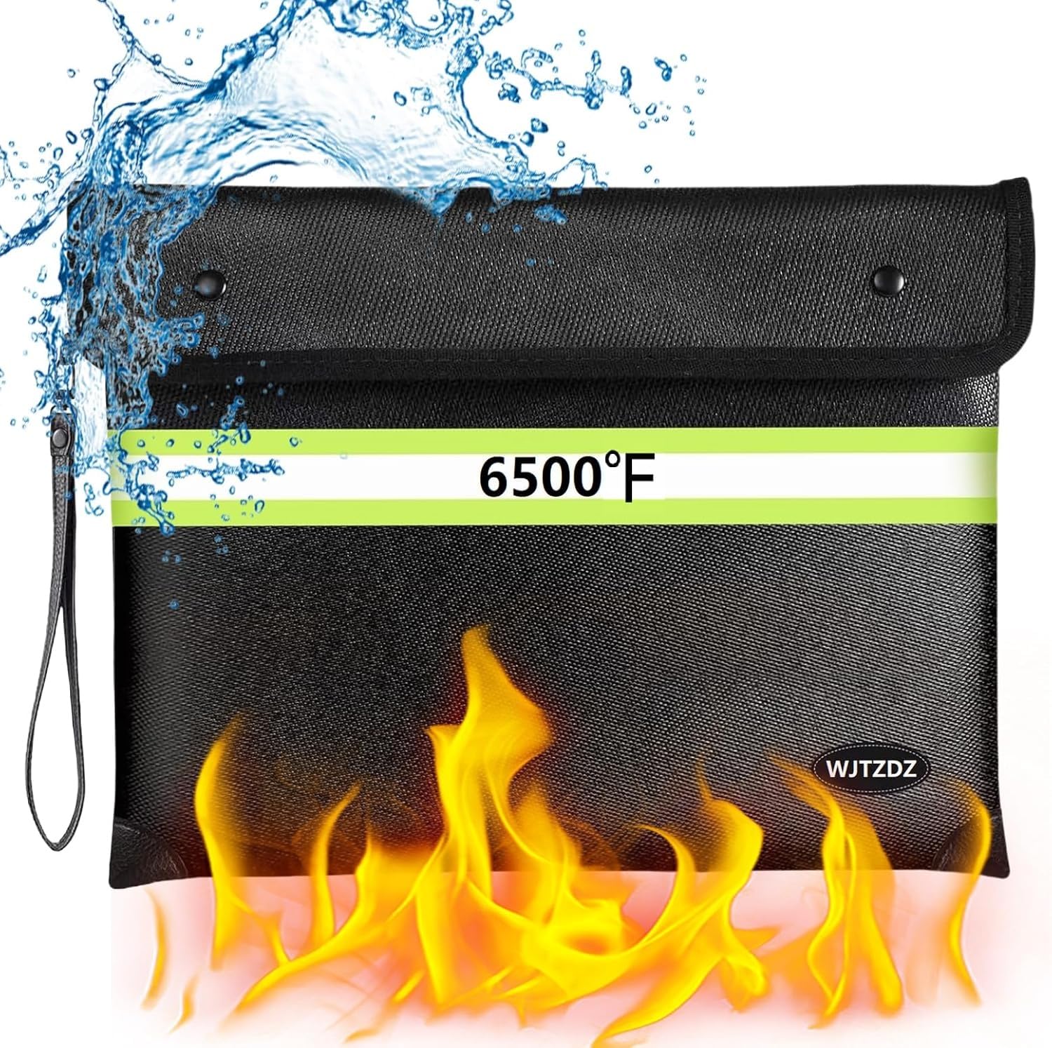 WJTZDZ 6500°F fireproof bag top view with secure handle and protective features.