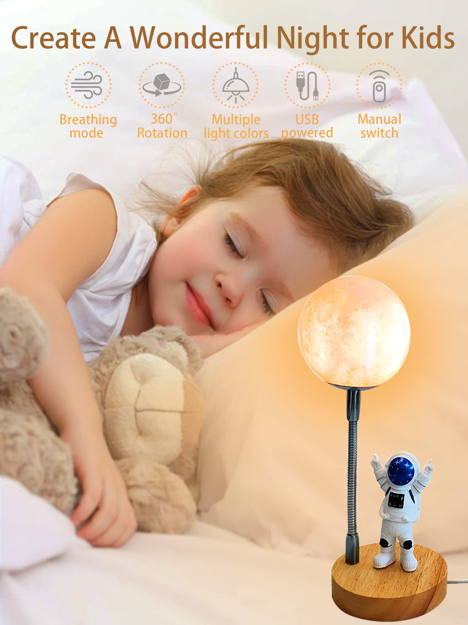WLHONG Moon Lamp bedside control, adjustable brightness for reading and study.