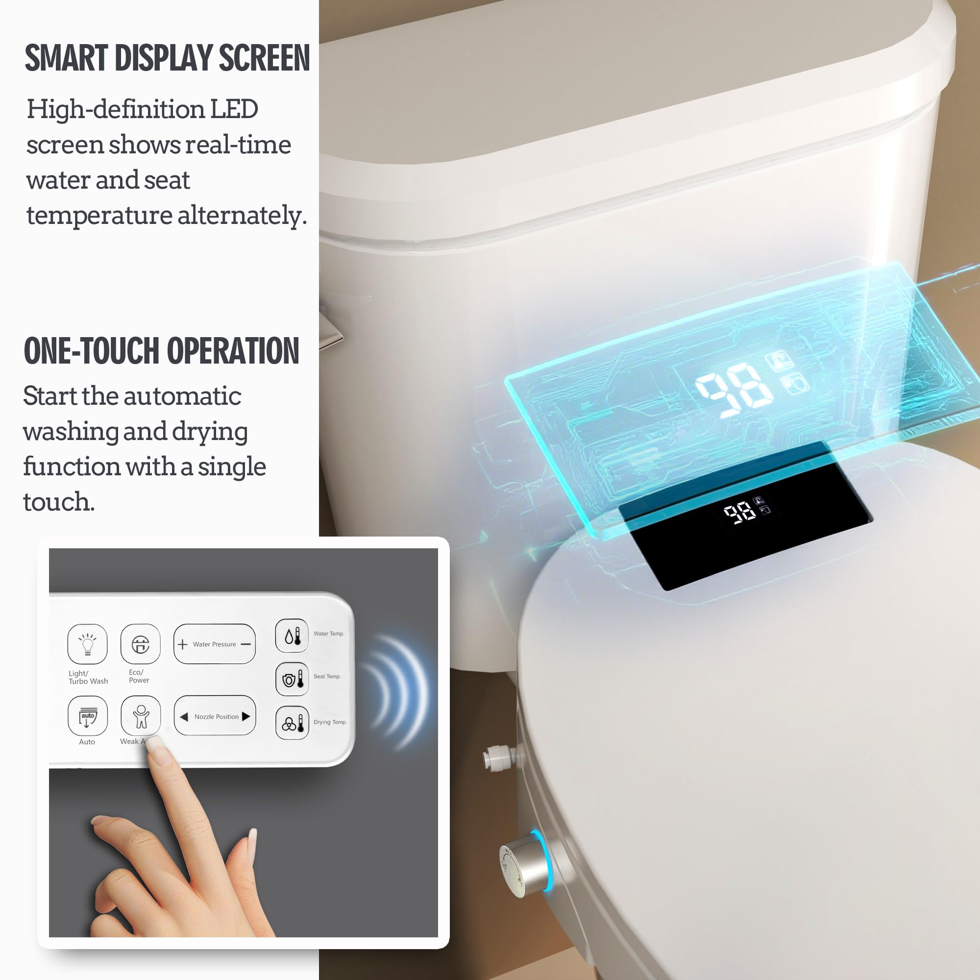 WLJBIDET warm air drying offers hands-free post-wash comfort.