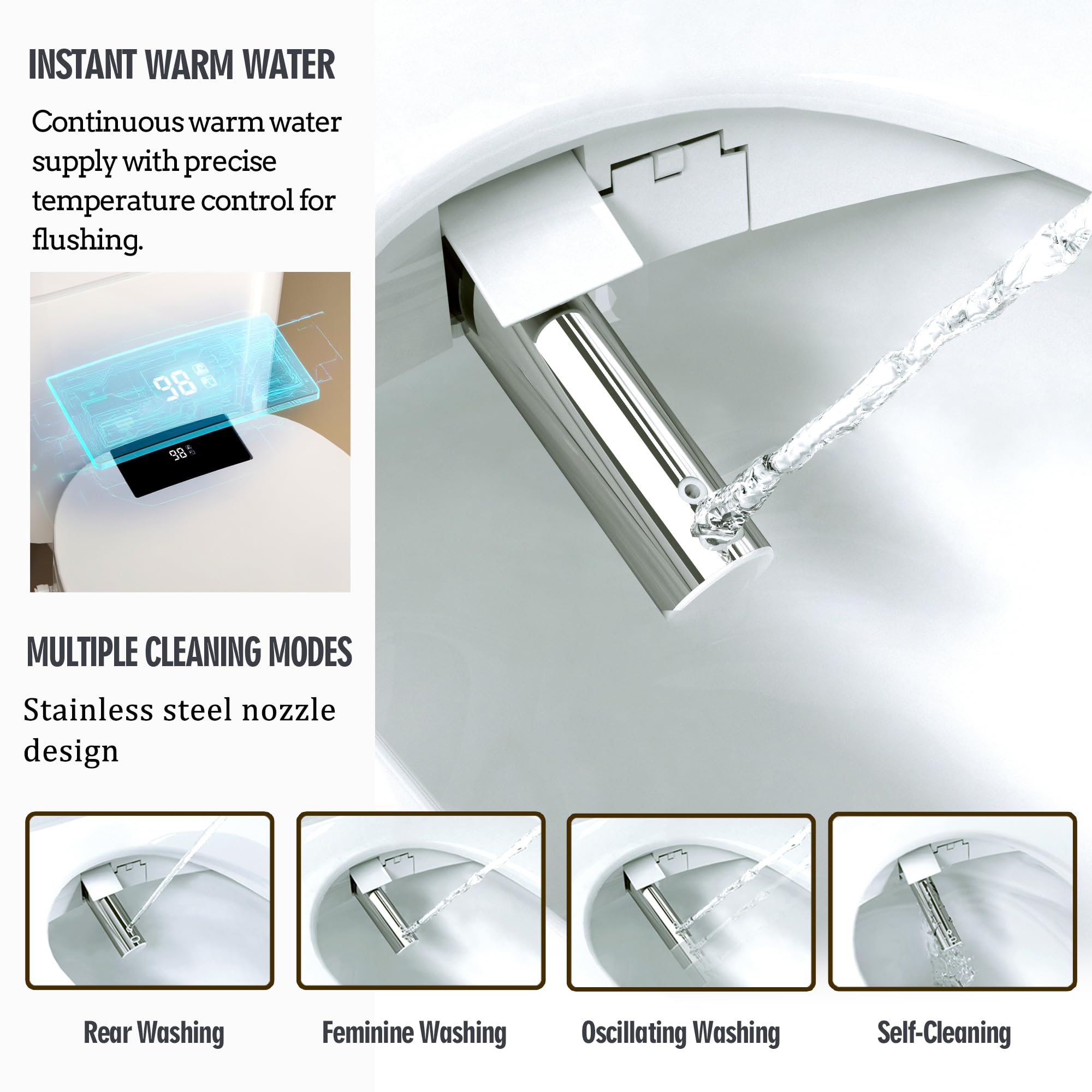 WLJBIDET warm water wash highlights adjustable temperatures for a refreshing cleanse.