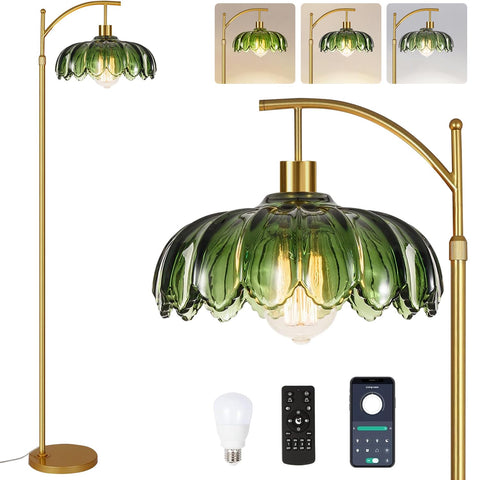 WLQCWL Arc floor lamp with gold glass shade for elegant living room lighting