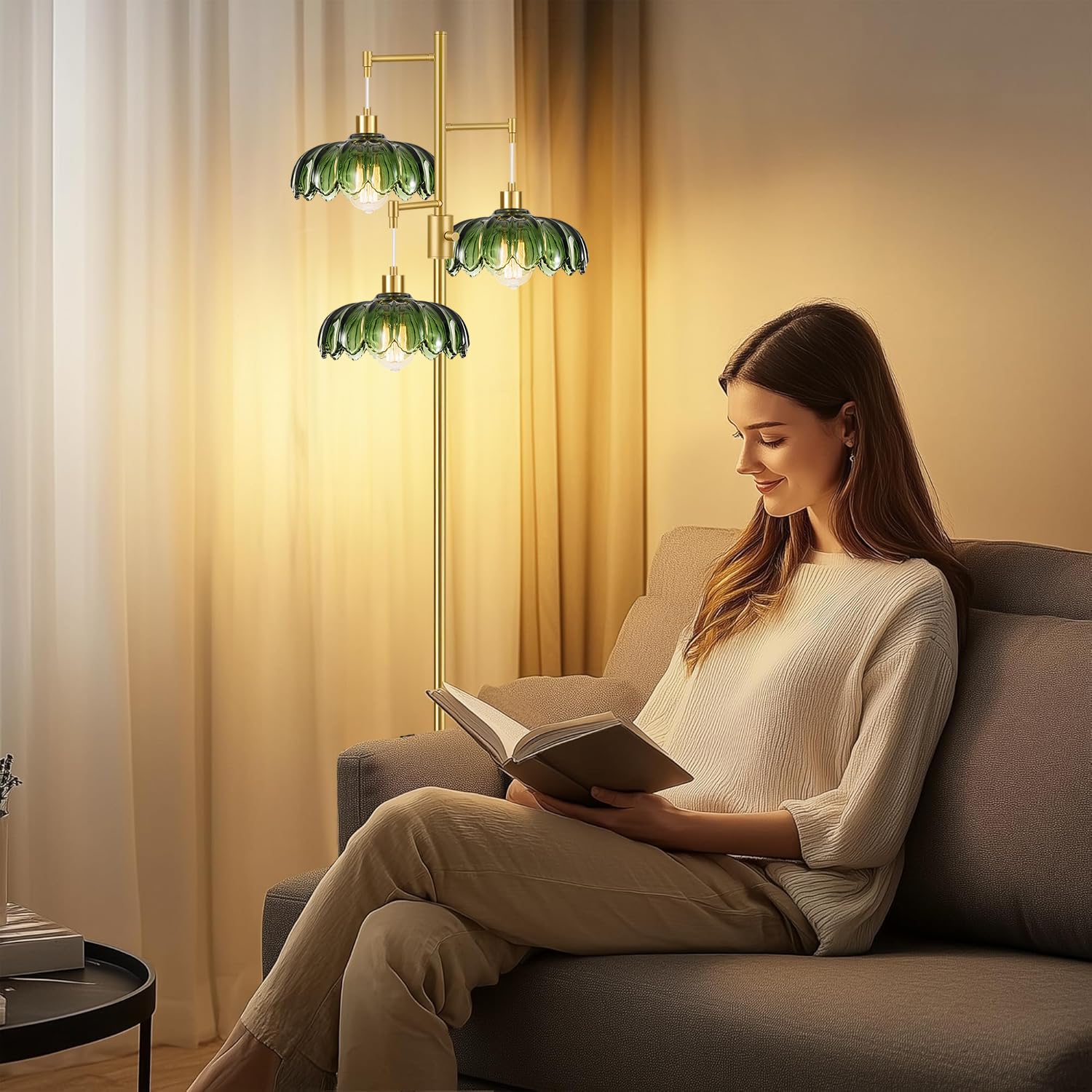 WLQCWL tree-inspired floor lamp in green glass adds a stylish focal point.