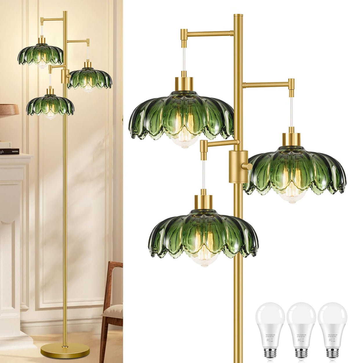 WLQCWL vintage floor lamp with gold stand and glass lampshape for elegant living spaces.