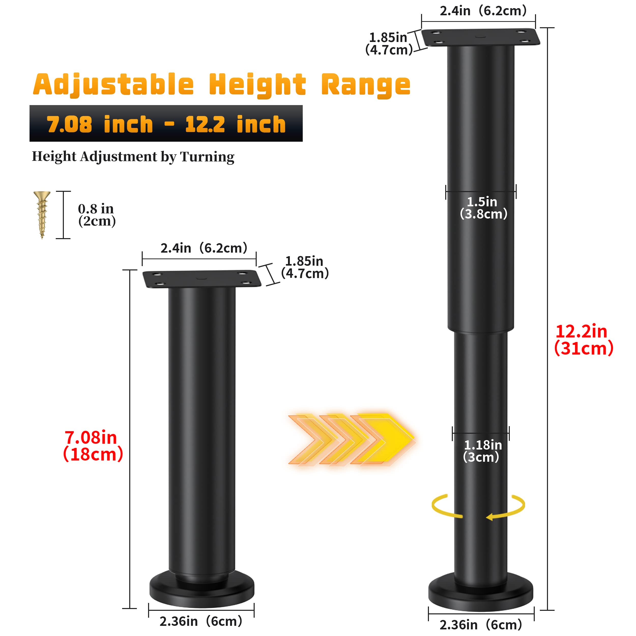 Wlrrcwdttc adjustable bed legs height range from 7.08 to 12.2 inches