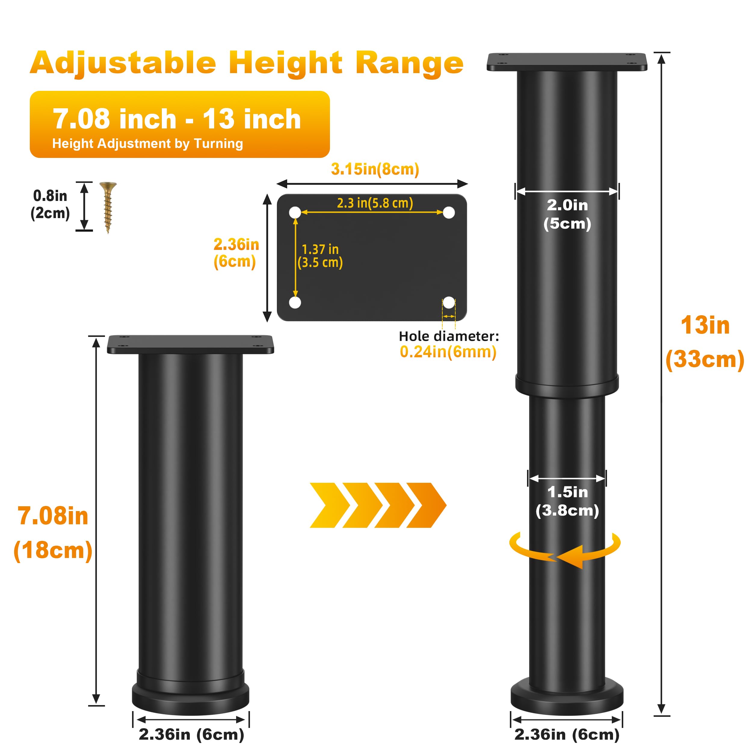 Wlrrcwdttc bed center support leg showing adjustable range for solid slats.