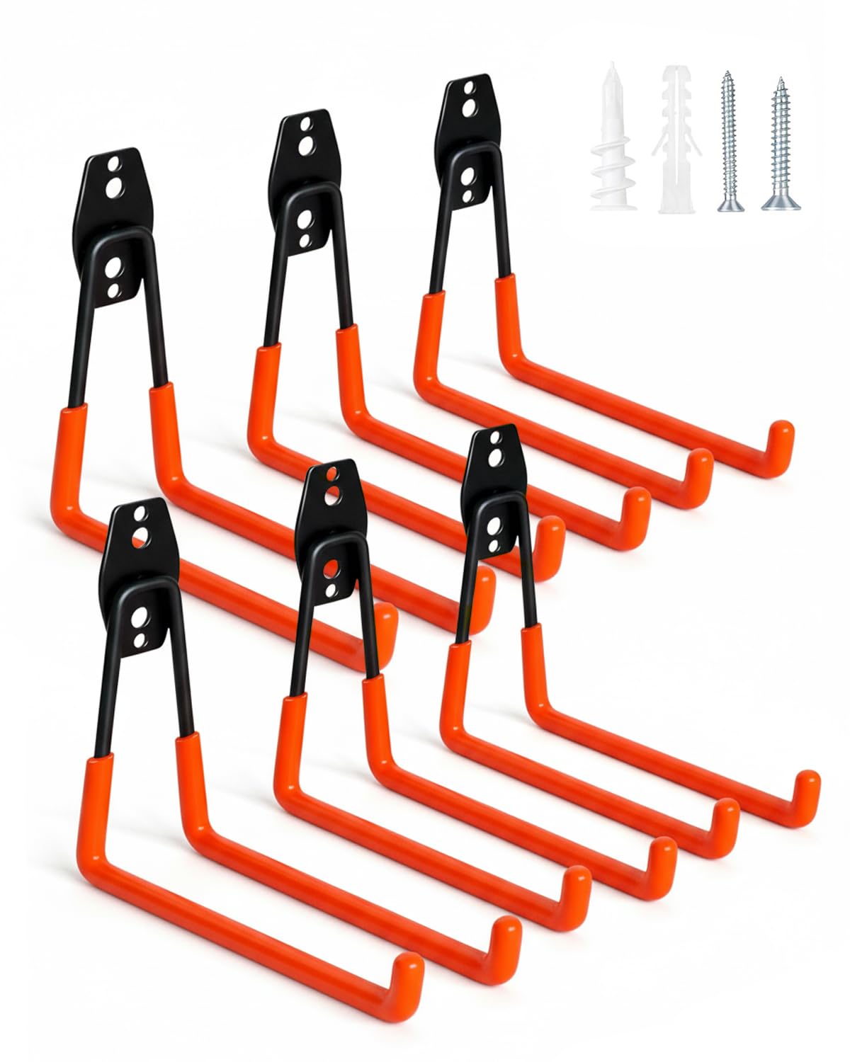 WMK 7.3-inch orange wall-mount garage hooks securing tools and bikes