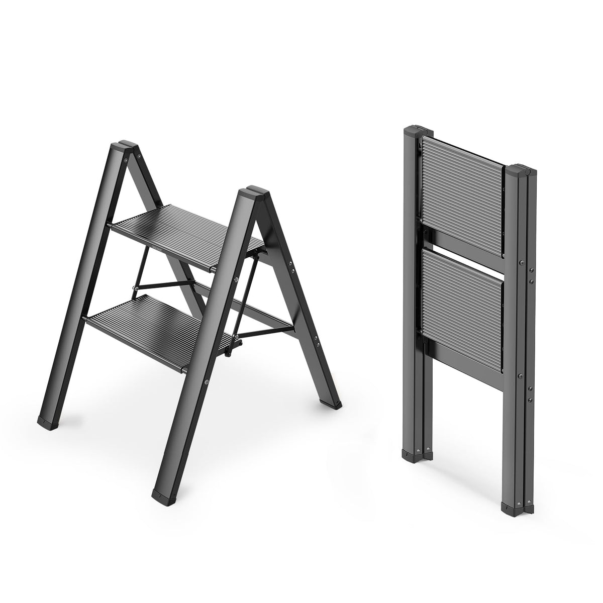 WOA WOA 2 Step Ladder open position showing dimensions for reaching high shelves safely