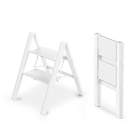 WOA WOA 2-step ladder opened for high shelf access with sturdy aluminum construction.