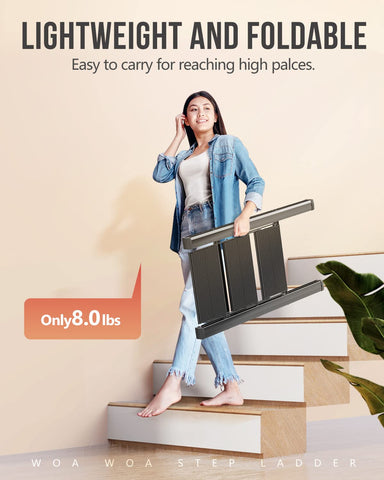 WOA WOA 3 Step Ladder folded compact for easy storage.
