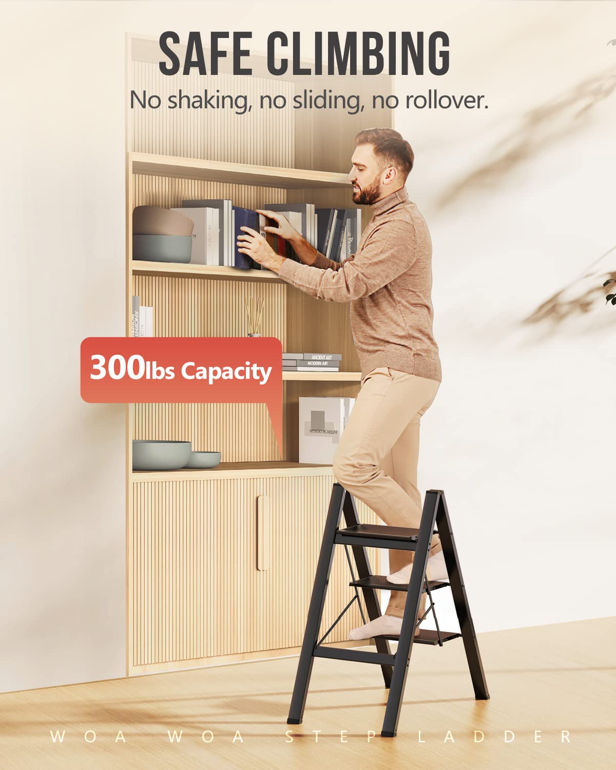 WOA WOA 3 Step Ladder top rung height supports comfortable standing.