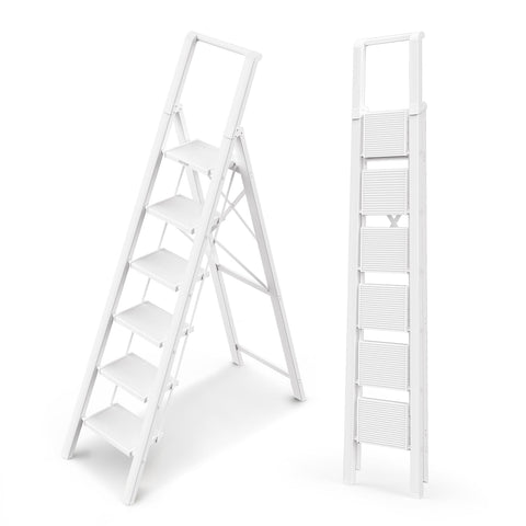 WOA WOA 6-step ladder folded flat for easy storage.