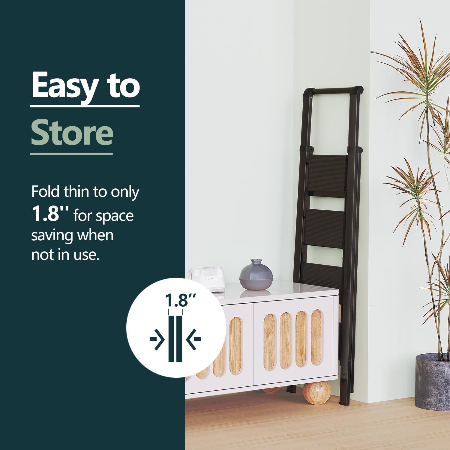 WOA WOA folding ladder demonstrates easy storage and compact folded form.