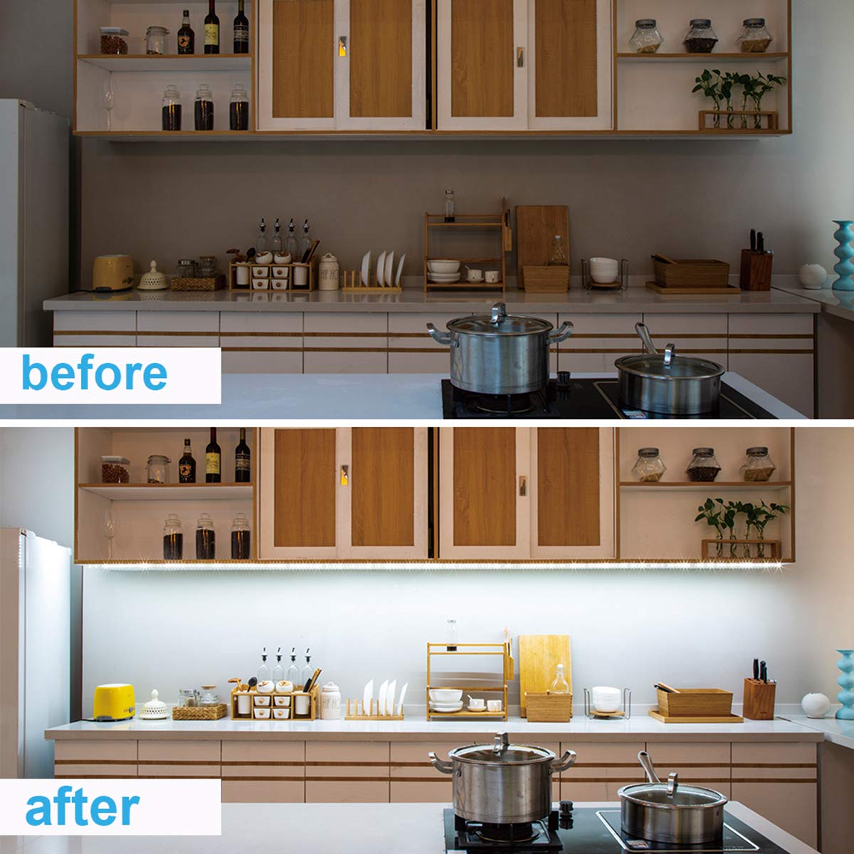 WOBANE 1900 lumen brightness demo shows vibrant cabinet illumination.