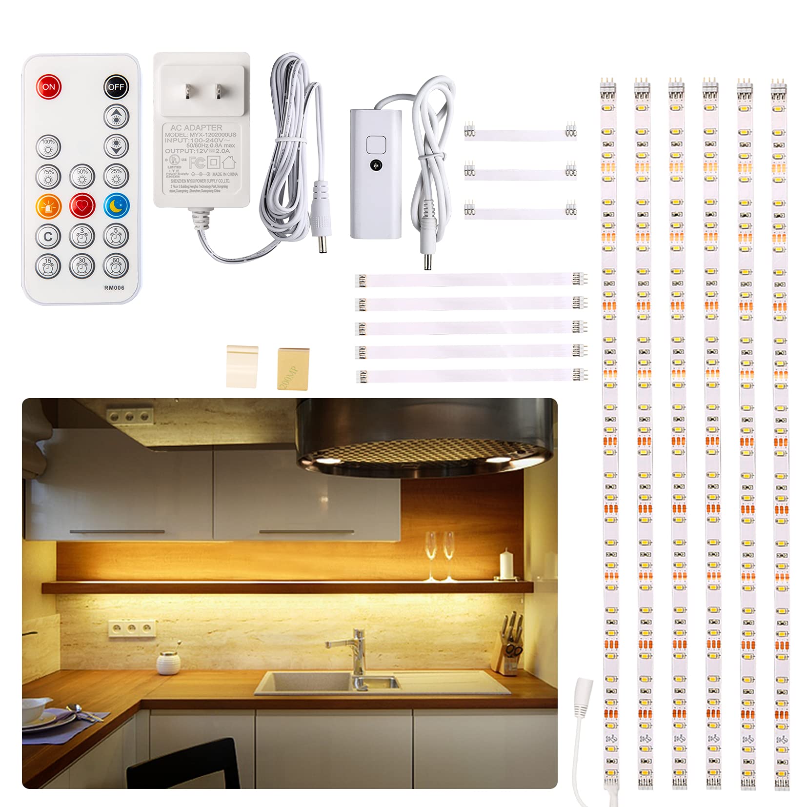 WOBANE under-cabinet LED kit showing evenly distributed strips for cabinets