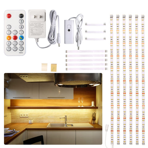WOBANE under-cabinet LED kit showing evenly distributed strips for cabinets