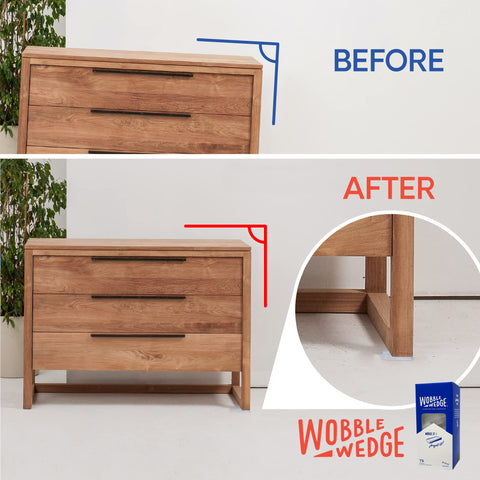 Wobble Wedges in use under a table to prevent wobble.