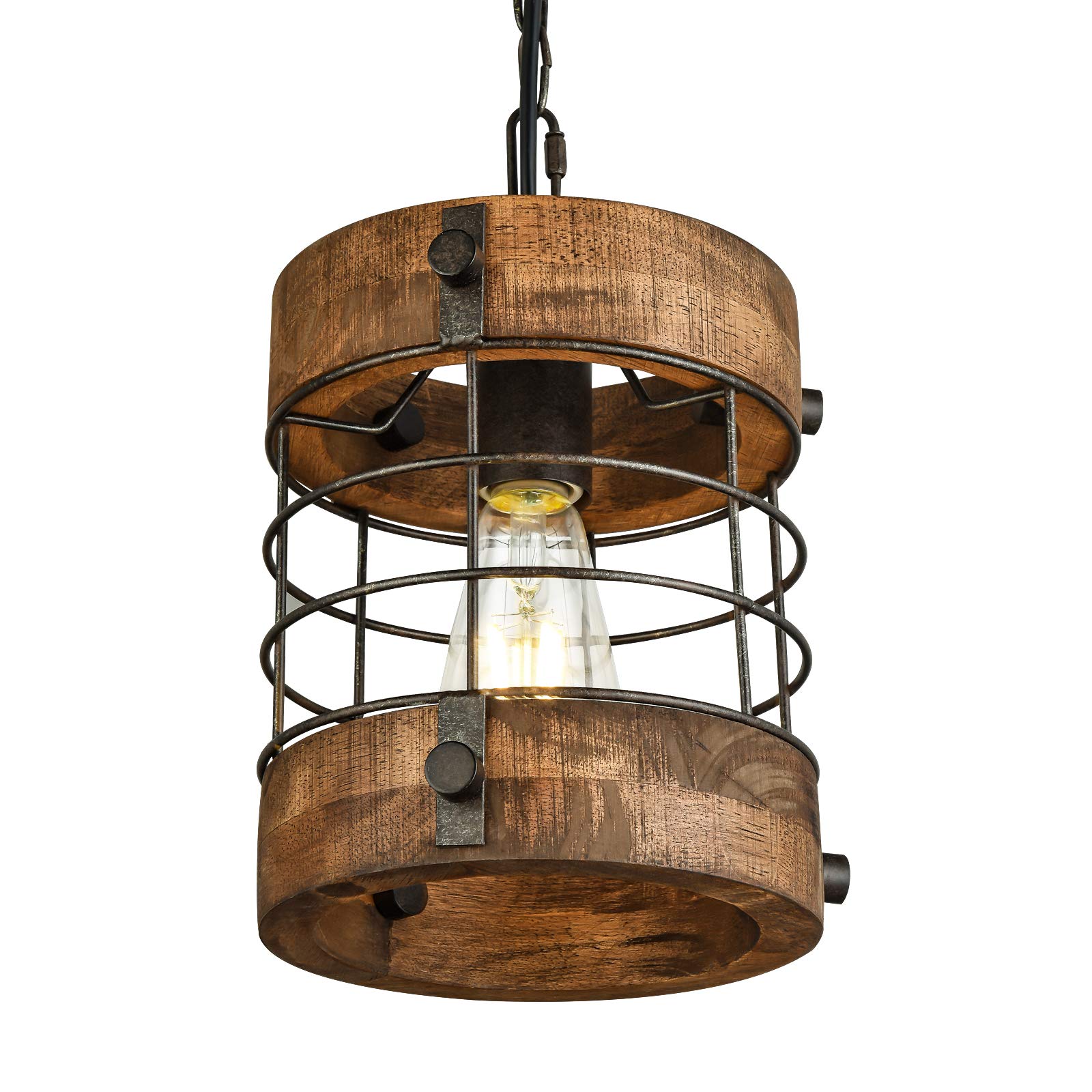 wochos retro industrial round chandelier with wood and metal cage, ideal for living spaces