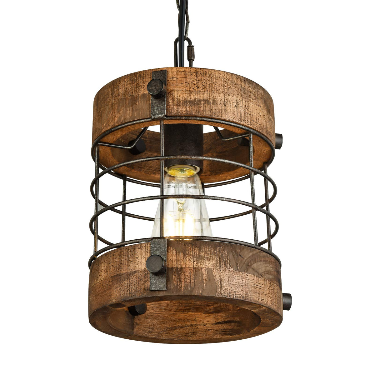wochos retro industrial round chandelier with wood and metal cage, ideal for living spaces
