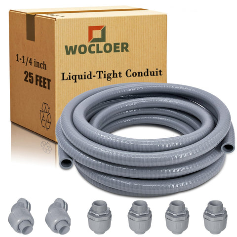 Wocloer liquid-tight conduit 1-1/4 inch, 25 ft, smooth interior for easier wire pulling.