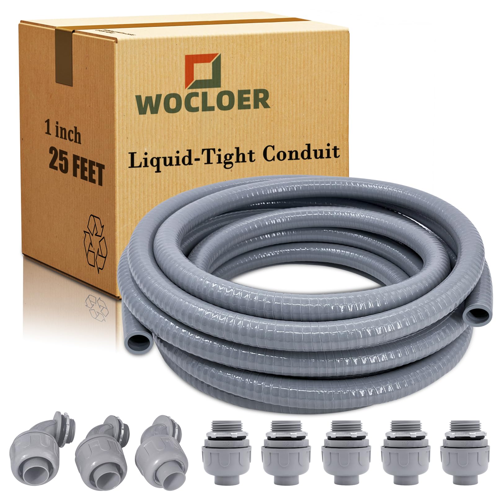 Wocloer liquid-tight conduit 1in 25ft exterior view for outdoor wiring.