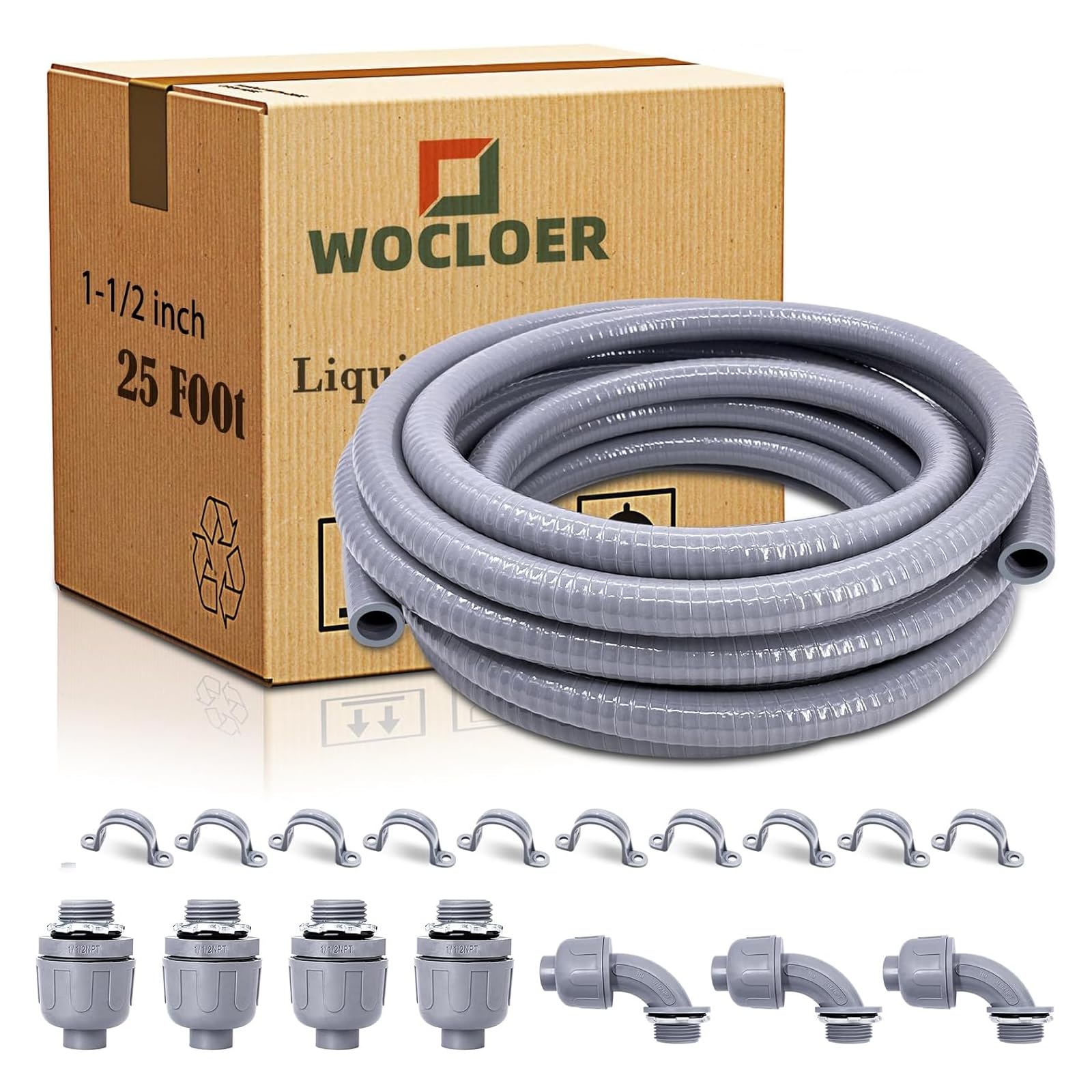 Wocloer liquid-tight conduit 25ft straight section, corrosion resistant for durable installations.
