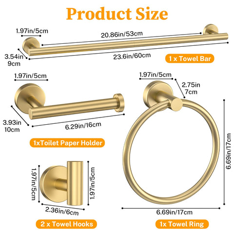 Woekme brushed gold bathroom set adds cohesive style and durability.