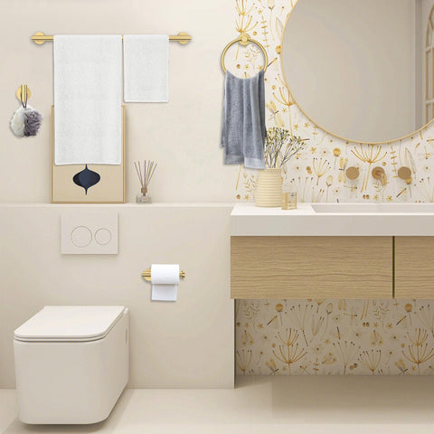Woekme brushed gold hardware pack enhances a cohesive bathroom design.