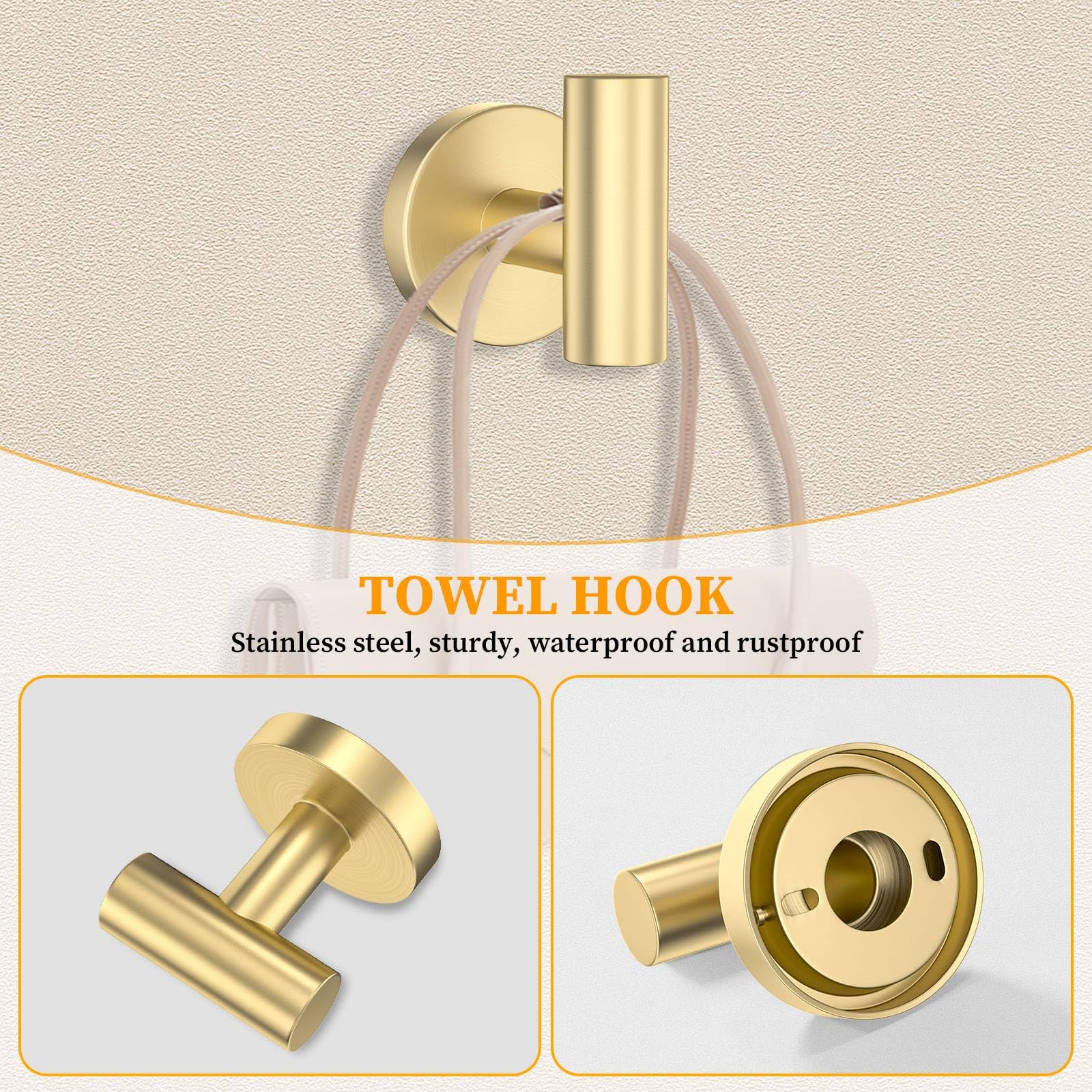 Woekme brushed gold wall-mounted hardware set for sturdy bathroom support.